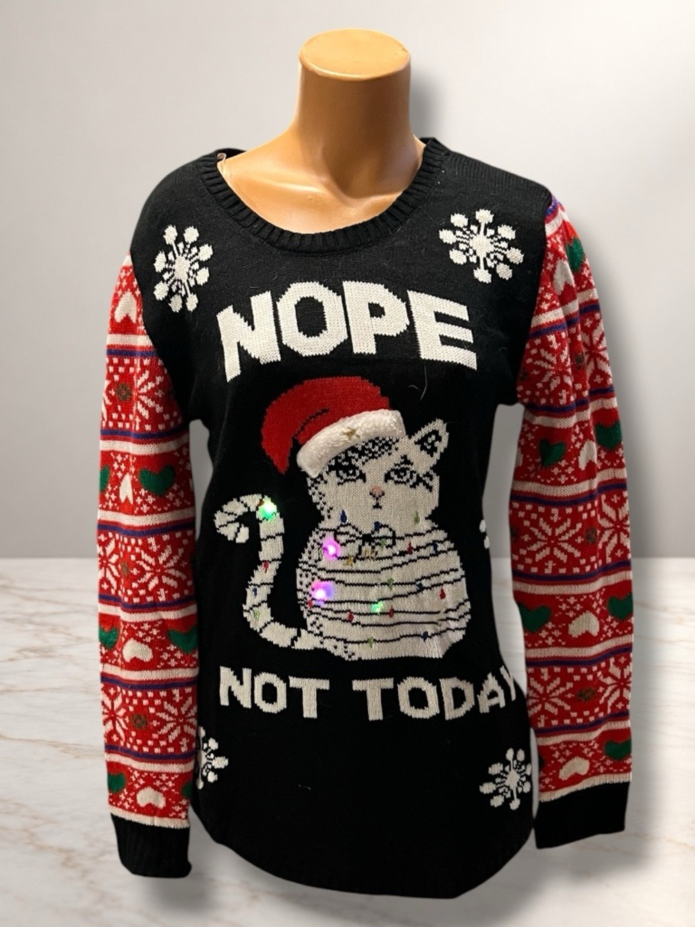 ☑️ No Boundaries Light Up Ugly Christmas Cat Sweater Nope Not Today Women’s L/G